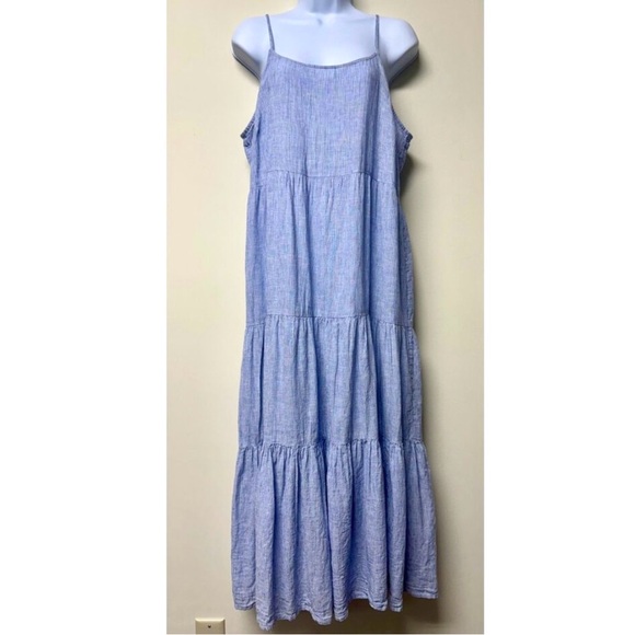 BEACH LUNCH LOUNGE Blue & White Pinstriped Linen Blend Tiered Midi Dress, Sz XXL - Picture 2 of 11